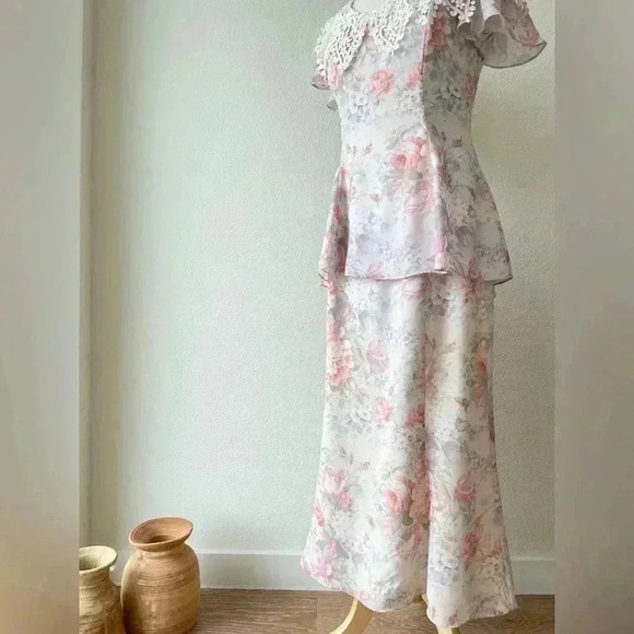 Vintage 90's Y2K Scott McClintock Floral Chiffon Tier Peplum Dress Size 8 - Picture 3 of 11